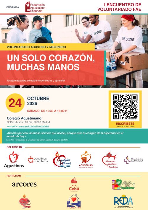 La Federación Agustiniana Española (FAE) celebrará el próximo 24 de octubre de 2026 el I Encuentro de Voluntariado FAE.